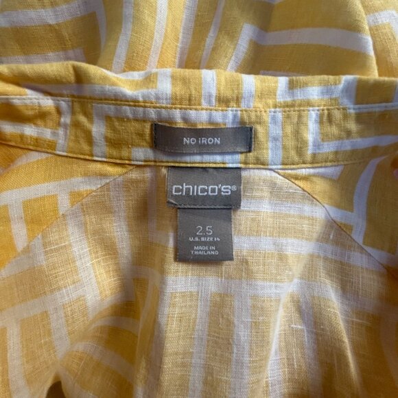 Chico's Womens Yellow Maze Print Linen No Iron Shirt Size 2.5 Button Down Casual - Picture 3 of 7